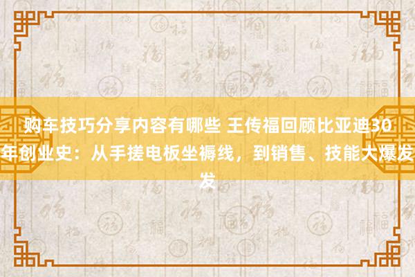 购车技巧分享内容有哪些 王传福回顾比亚迪30年创业史：从手搓电板坐褥线，到销售、技能大爆发