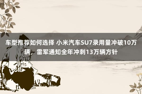 车型推荐如何选择 小米汽车SU7录用量冲破10万辆，雷军通知全年冲刺13万辆方针